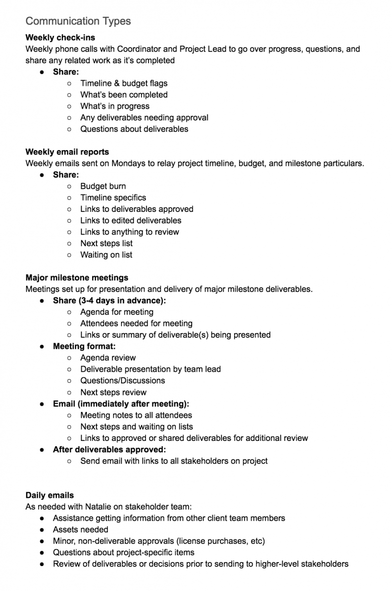 Project communication plan example - Types of communication