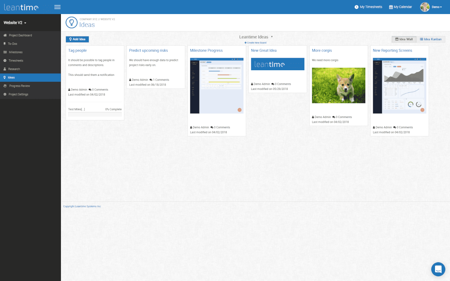 Leantime Project Management Software Tool Idea Board Screenshot