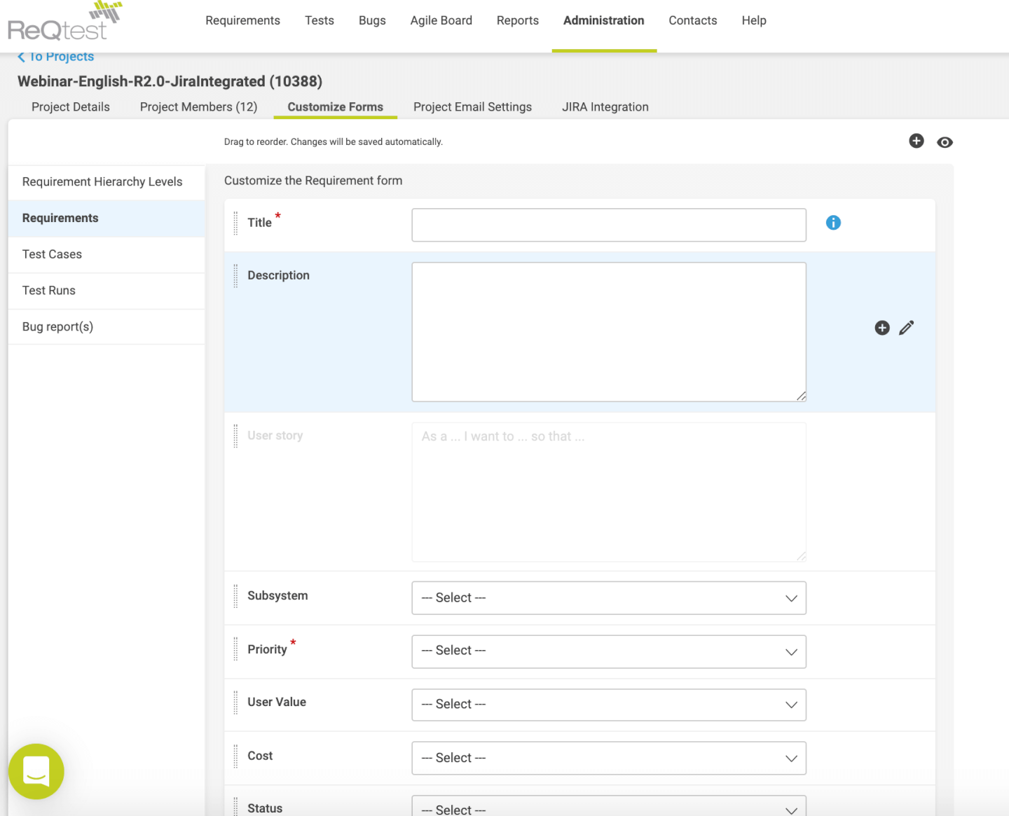 Customize Forms, Where You Define Your Tailored Fields For All ReQtest Modules Screenshot