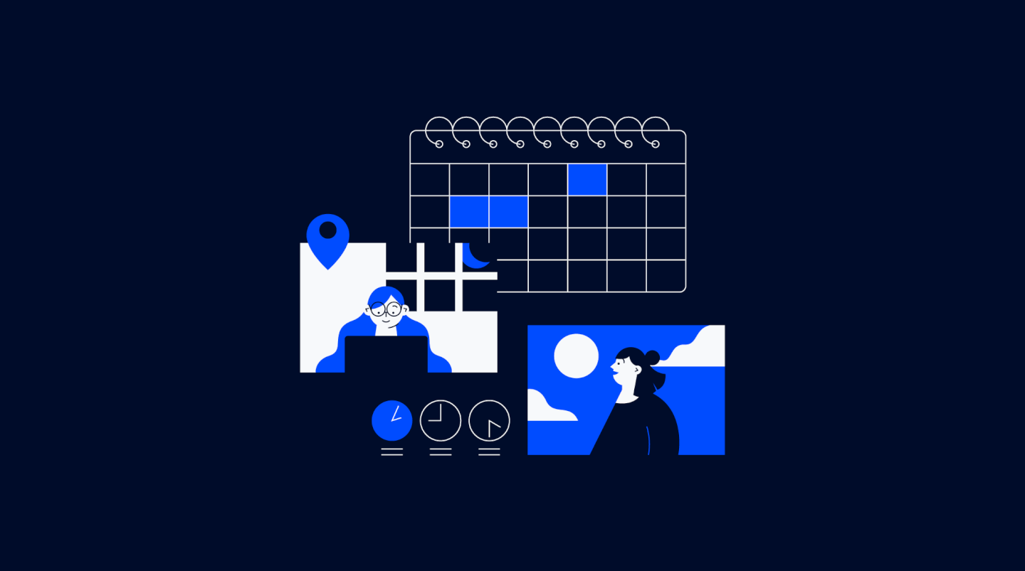 illustration of a calendar with clocks, project managers, and team members