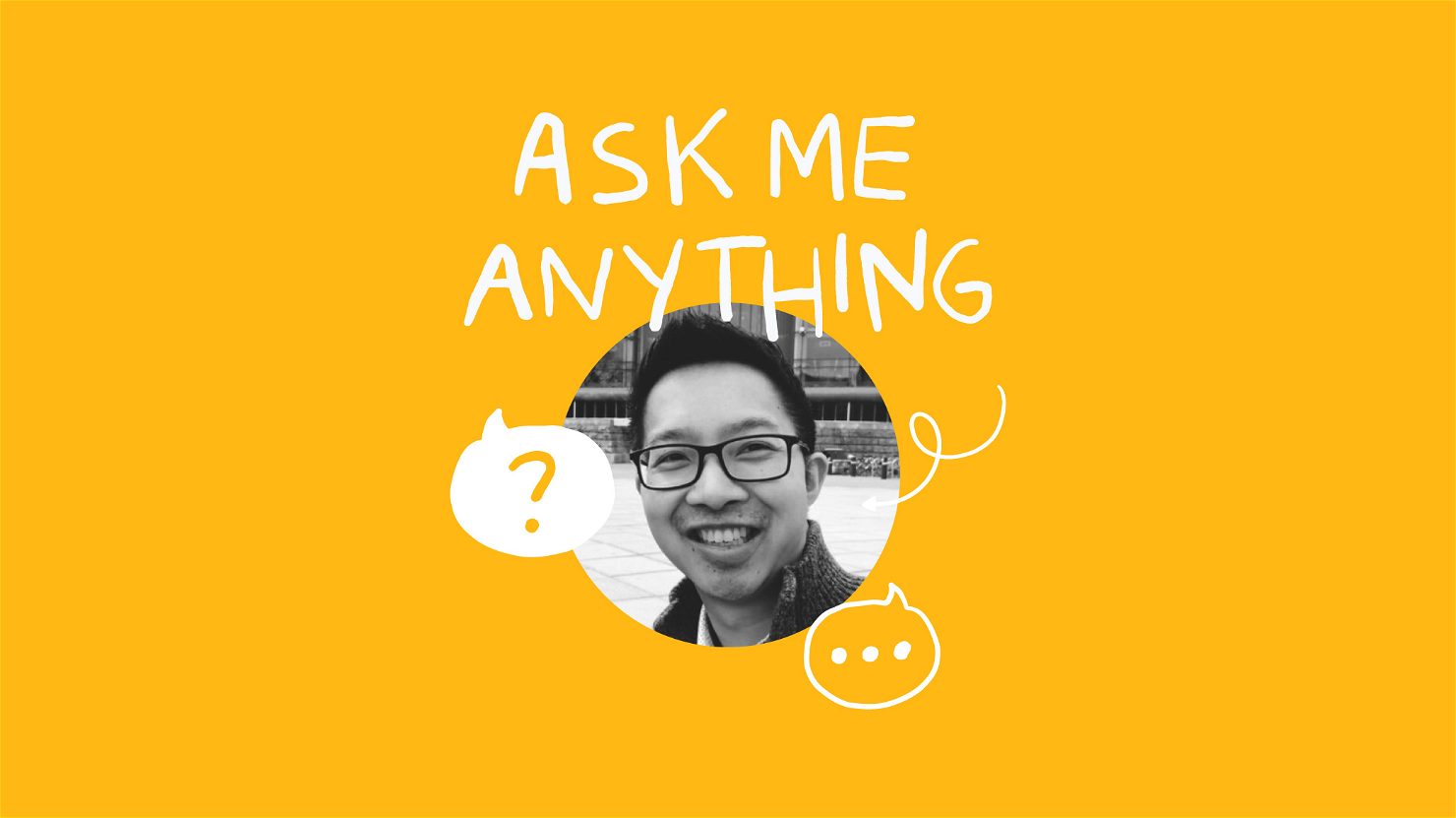 photo of Galen Low on a yellow background with the text ask me anything and a question mark and text box