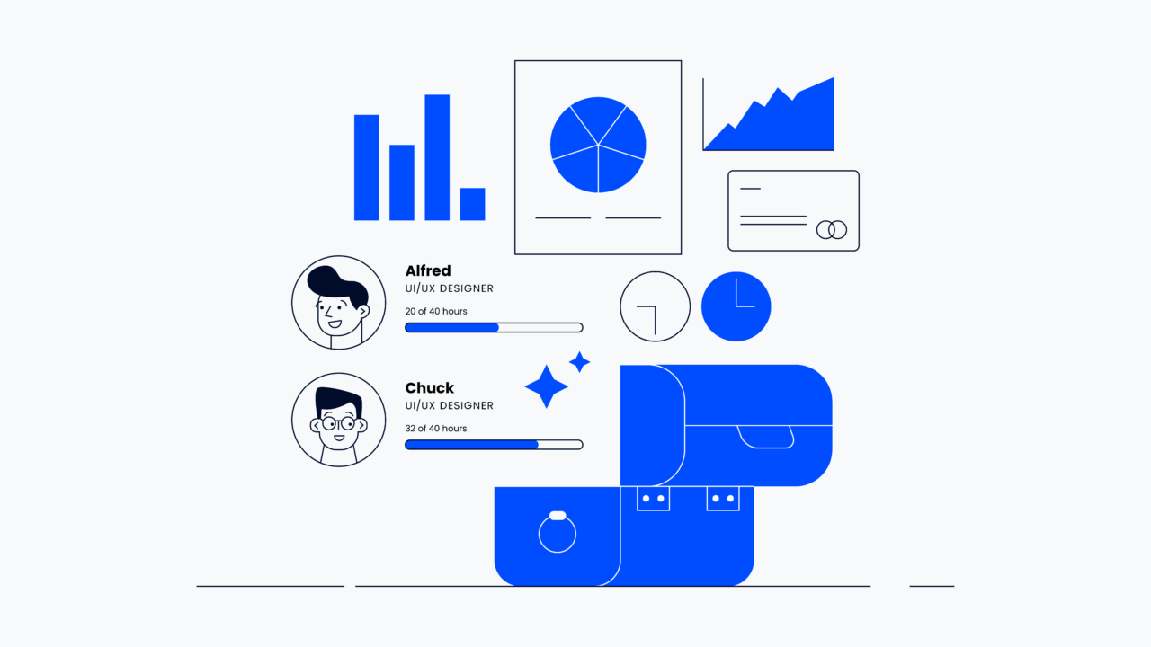 illustrated dashboard with team member capacity and graphs and charts