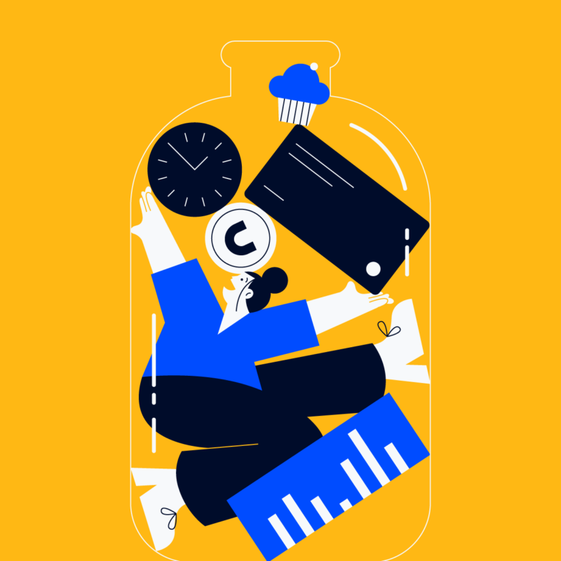 illustration of a project manager inside a glass bottle with other items for capacity planning