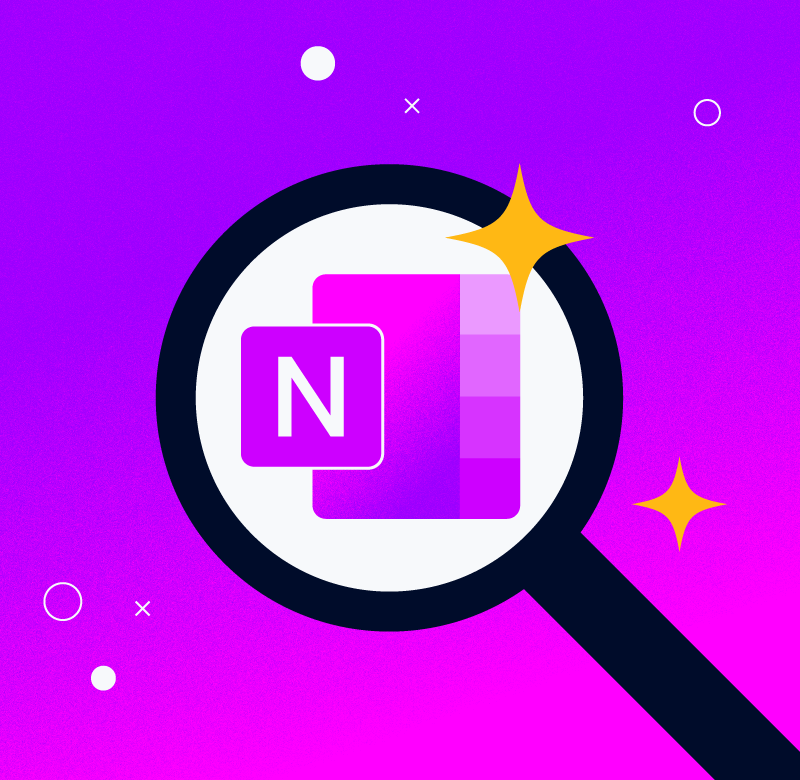 illustration of the OneNote logo under a magnifying glass for how to use onenote for project management