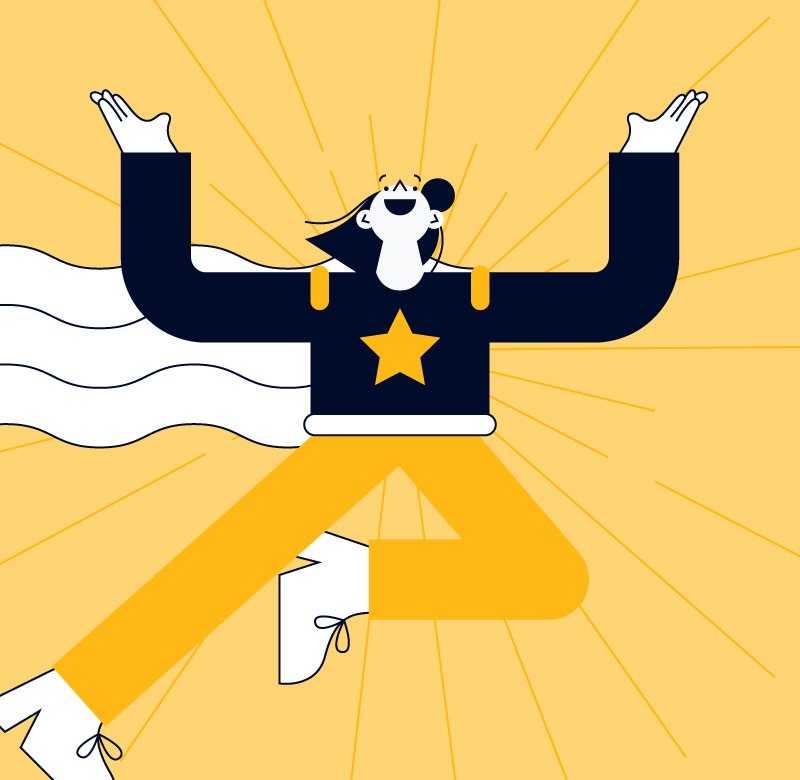 illustration of a project manager wearing a cape and flying with their hands raised