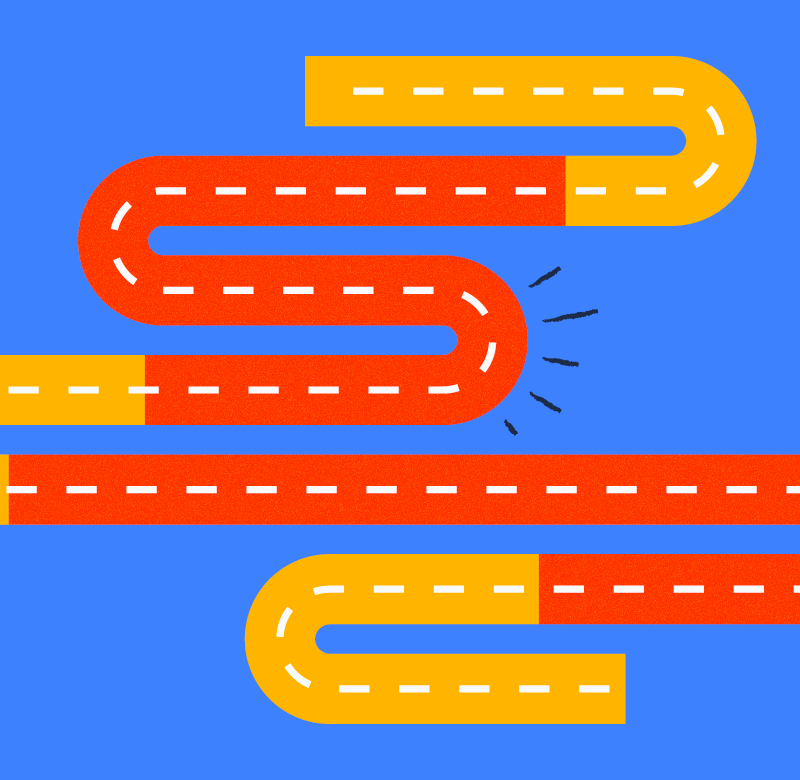 illustration of the critical path as a race track on a blue background