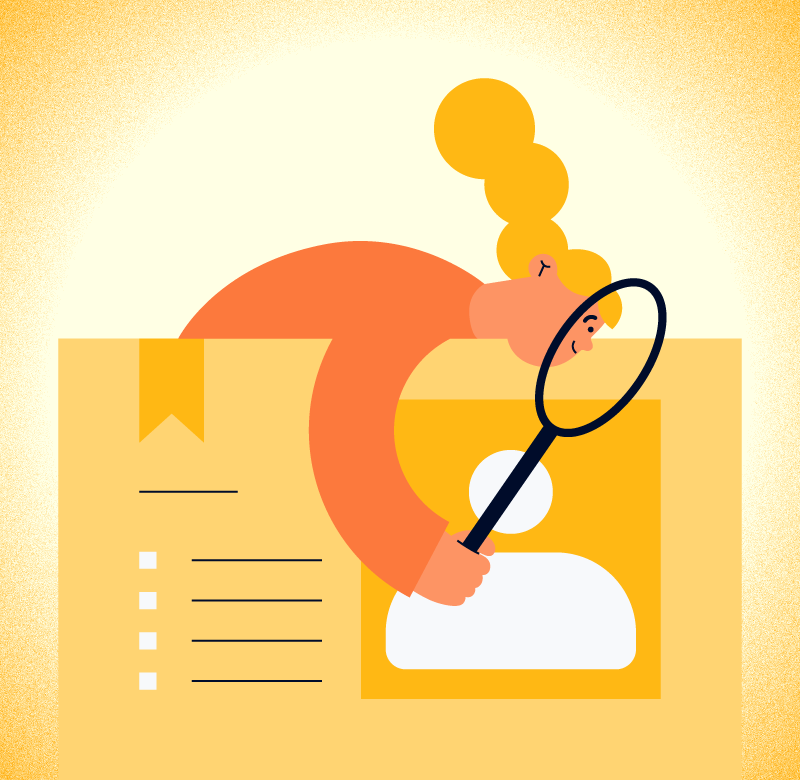 illustration of a project manager holding a magnifying glass up to a job advert