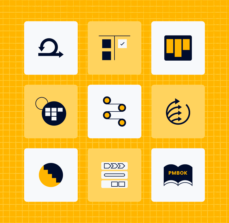 illustration of nine icons in a grid with each icon representing a different project management methodology