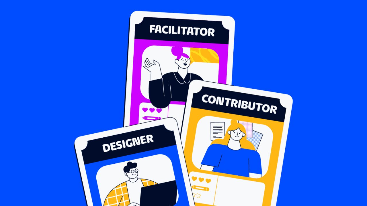 playing cards with the three collaboration roles on them - facilitator, contributor, and designer