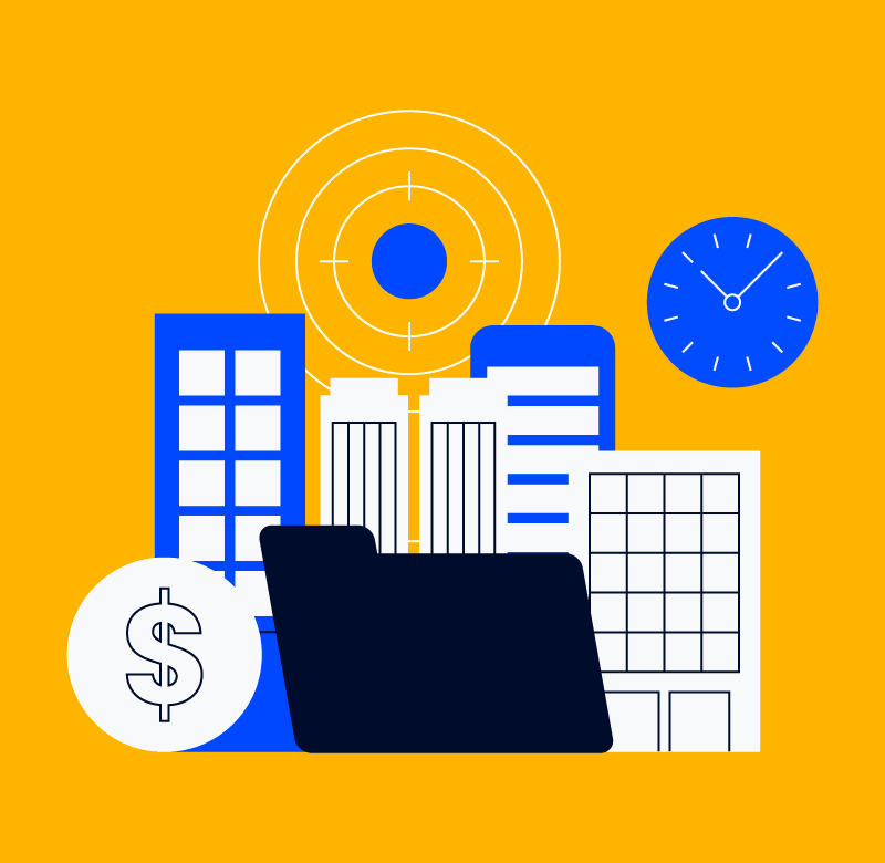 illustration of tall buildings next to dollar signs and clocks for how to manage an enterprise project