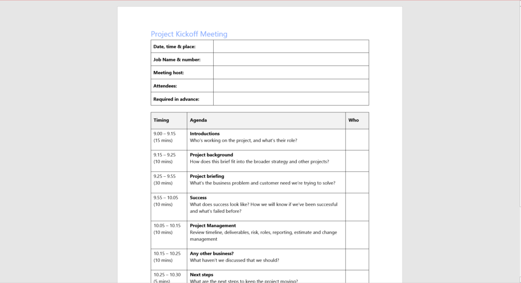 Project Kickoff Meeting Agenda Template